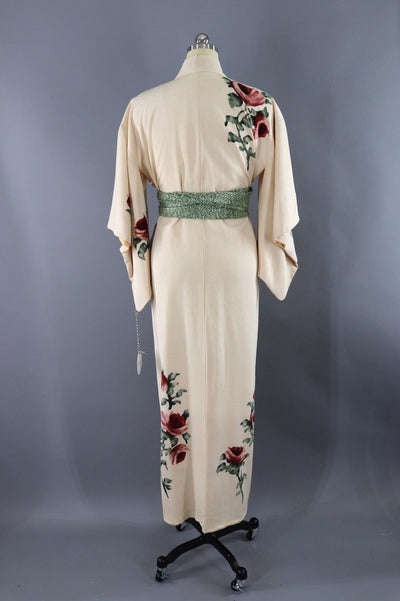 Vintage Silk Kimono Robe / Ivory and Red Roses-ThisBlueBird - Modern Vintage