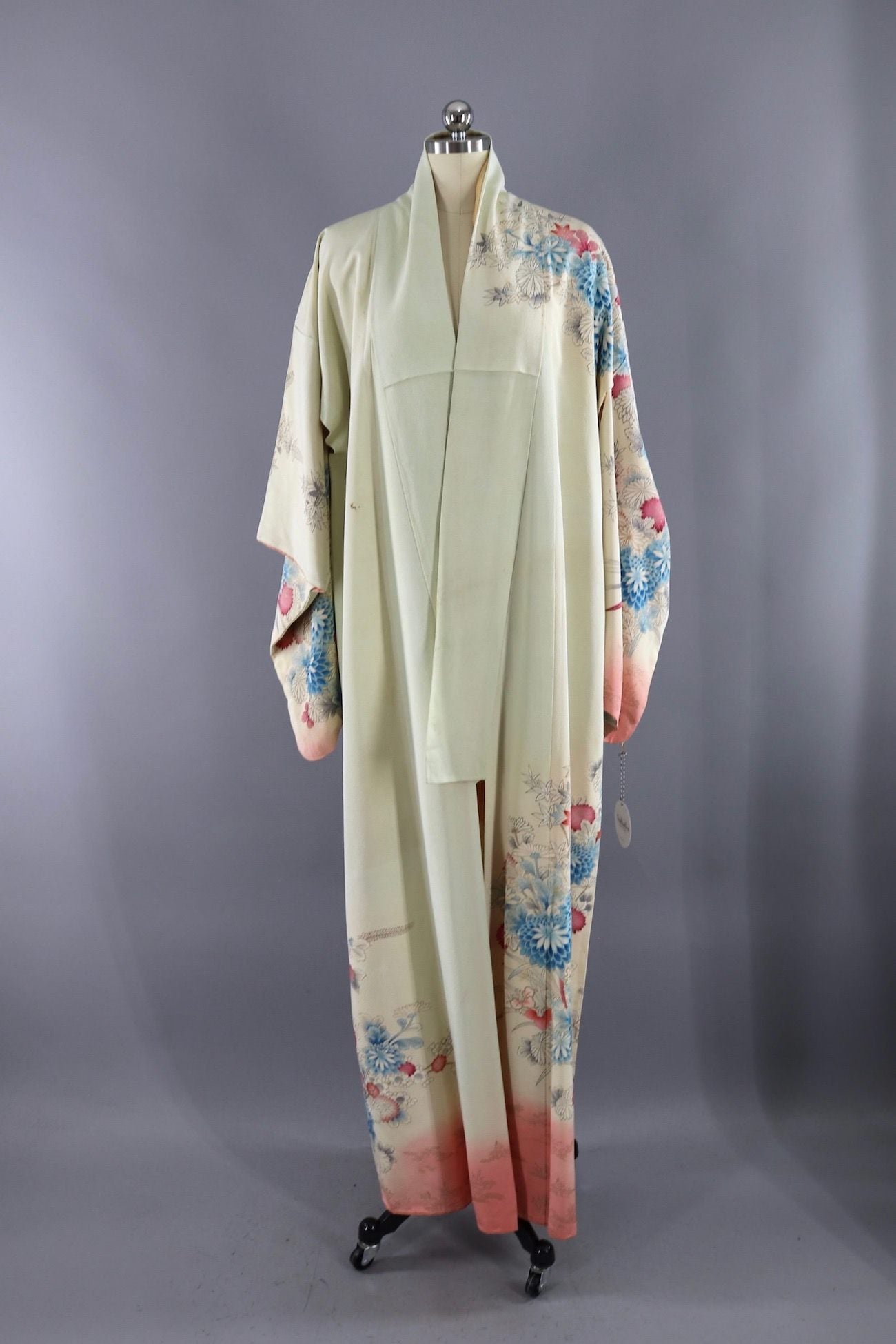 Vintage Silk Kimono Robe / Ivory Blue & Pink Floral - ThisBlueBird