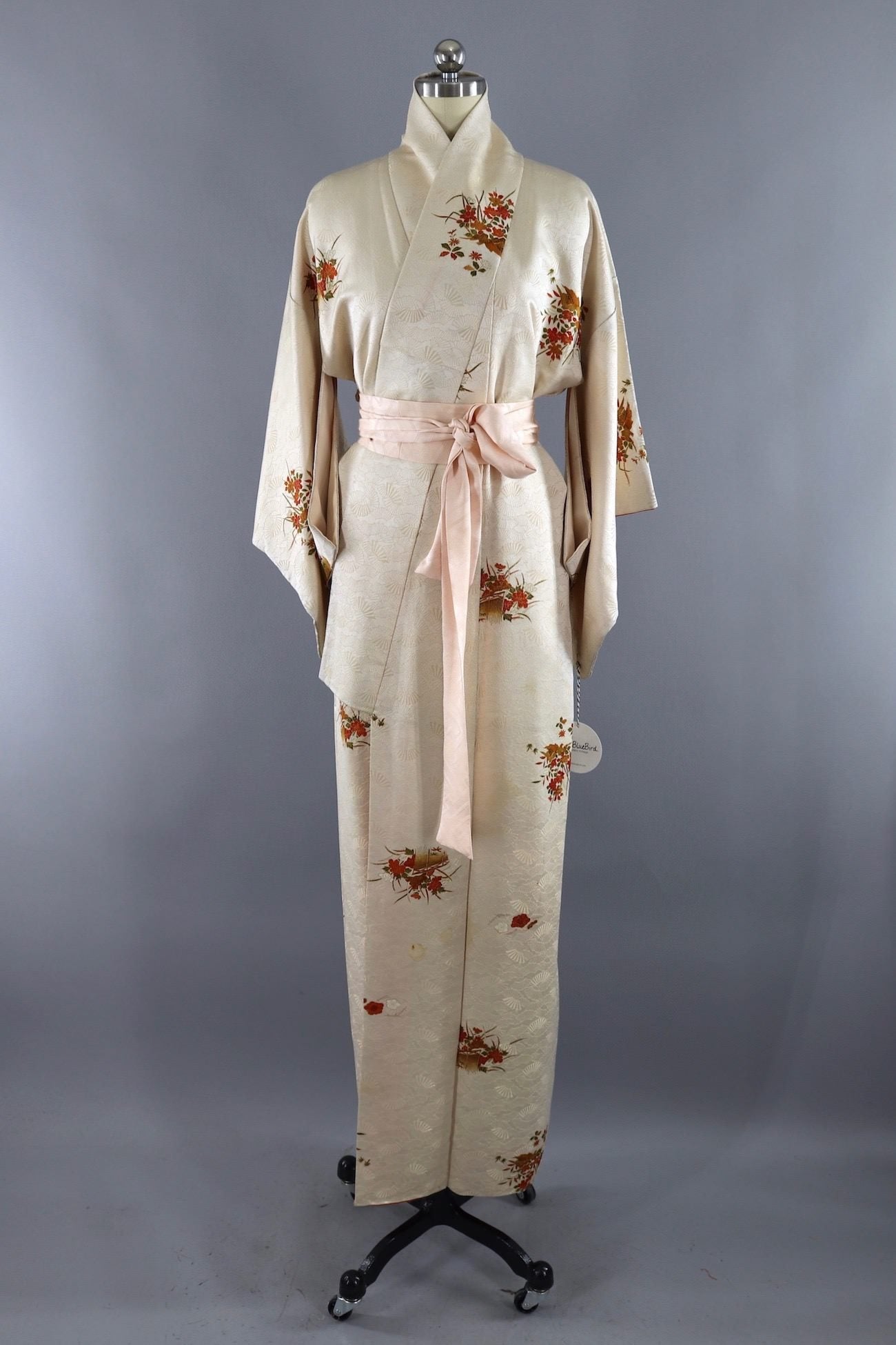 Vintage Silk Kimono Robe / Ivory Gold and Green Floral - ThisBlueBird