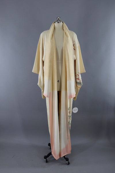 Vintage Silk Kimono Robe / Ivory Green Village Scene - ThisBlueBird