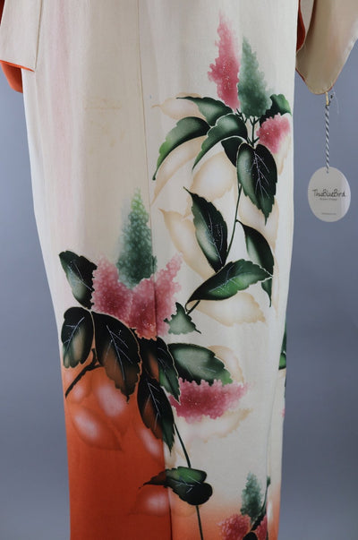 Vintage Silk Kimono Robe / Ivory Hydrangea Floral Print - ThisBlueBird