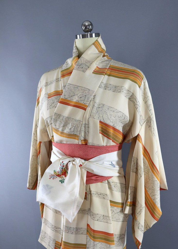 Vintage Silk Kimono Robe / Ivory Orange and Green Stripes - ThisBlueBird