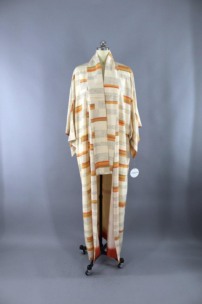 Vintage Silk Kimono Robe / Ivory Orange and Green Stripes - ThisBlueBird