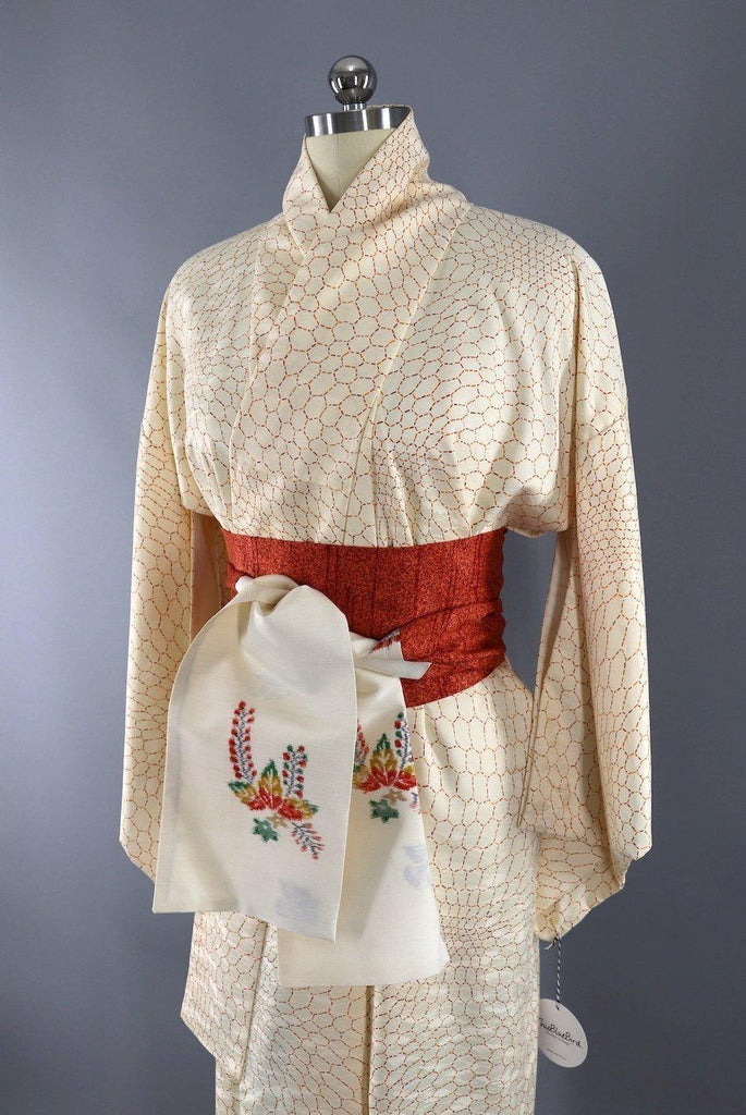 Vintage Silk Kimono Robe / Ivory Orange Hex Hexagon Print - ThisBlueBird