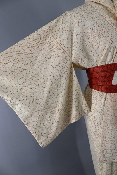 Vintage Silk Kimono Robe / Ivory Orange Hex Hexagon Print - ThisBlueBird