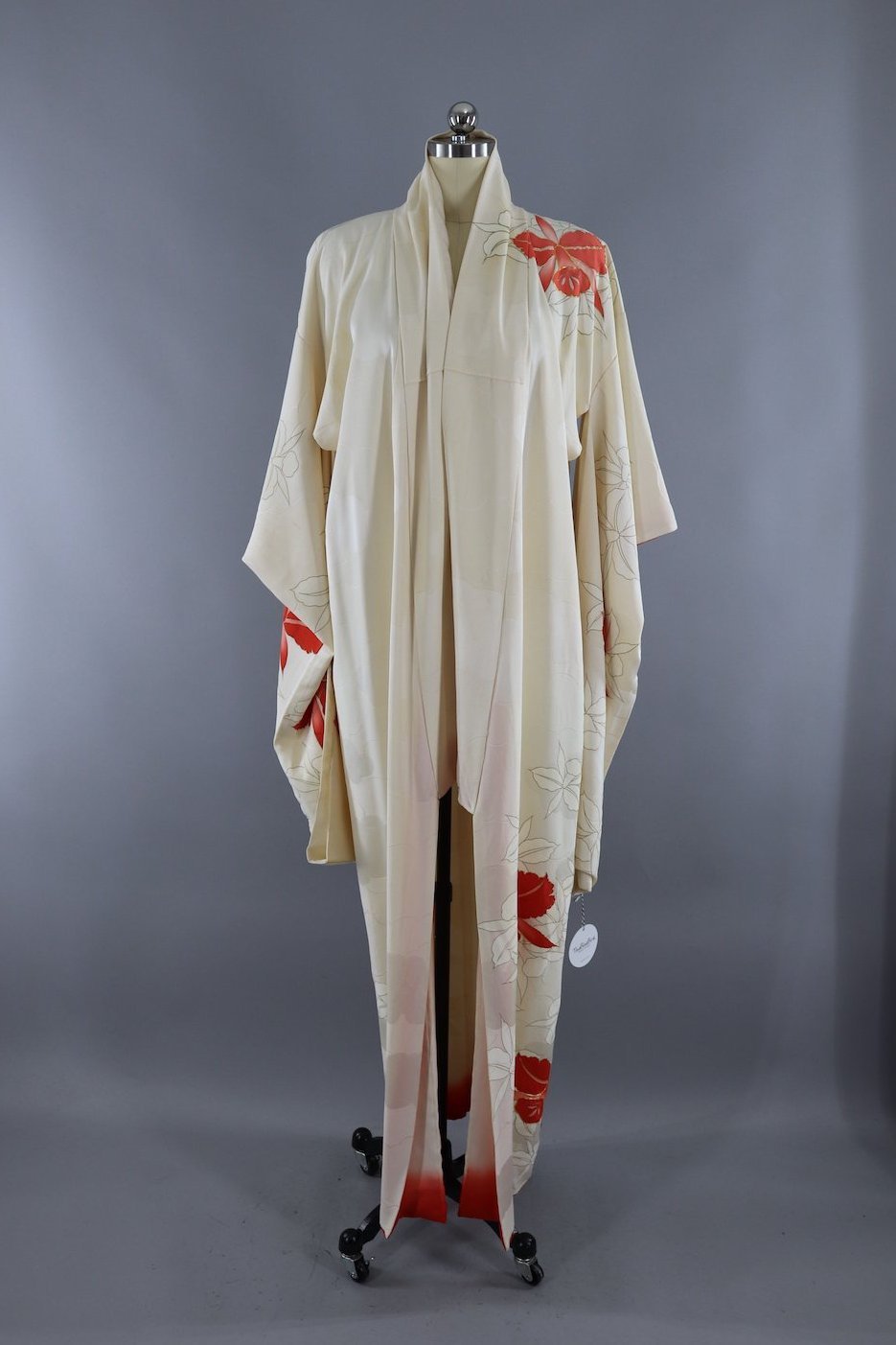 Vintage Silk Kimono Robe / Ivory Orchids Floral Print - ThisBlueBird
