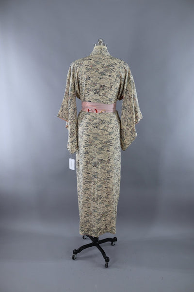Vintage Silk Kimono Robe / Ivory Pastel Print - ThisBlueBird