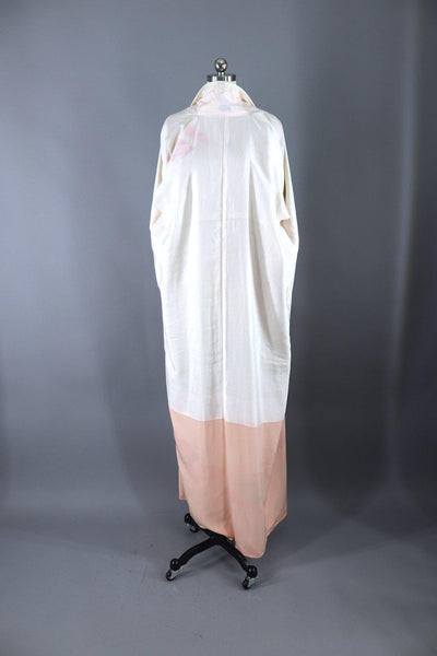 Vintage Silk Kimono Robe / Ivory Pink and Blue Floral Fans - ThisBlueBird