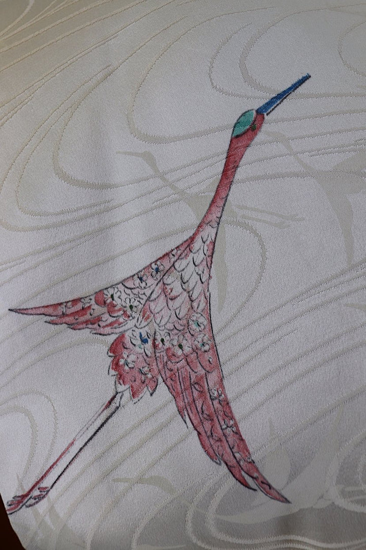 Vintage Silk Kimono Robe / Ivory &amp; Pink Flying Cranes - ThisBlueBird