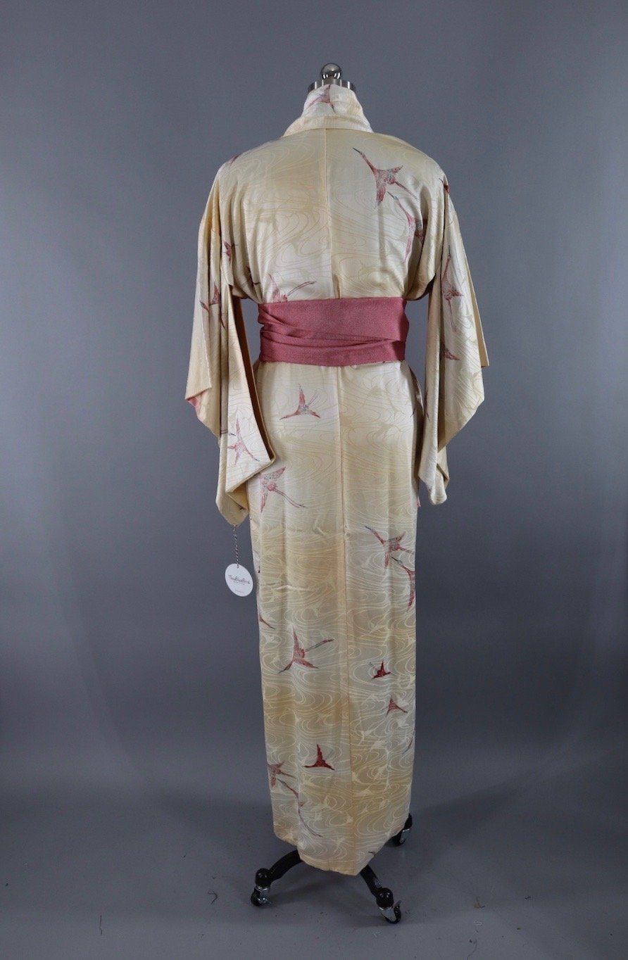 Vintage Silk Kimono Robe / Ivory &amp; Pink Flying Cranes - ThisBlueBird