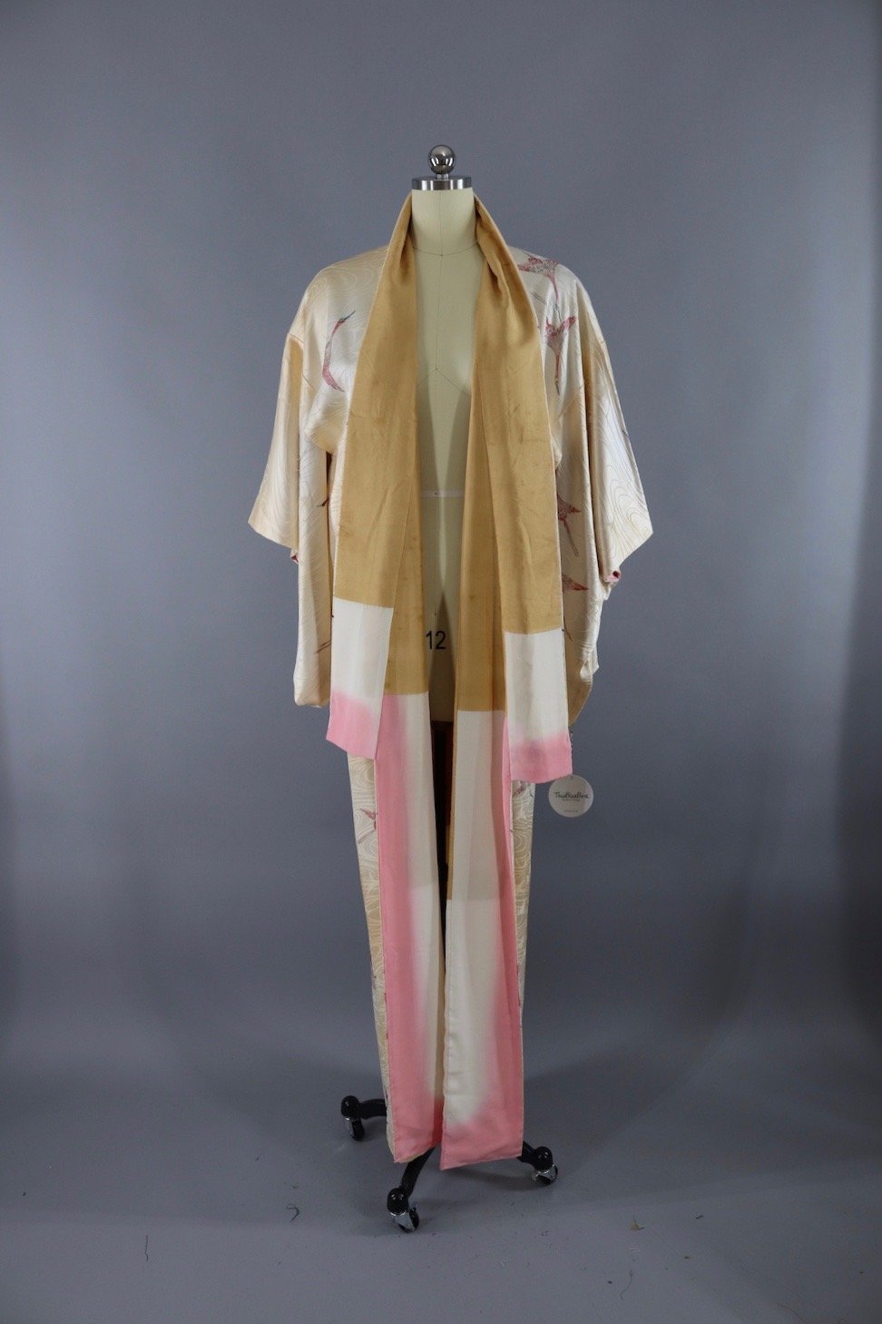Vintage Silk Kimono Robe / Ivory &amp; Pink Flying Cranes - ThisBlueBird