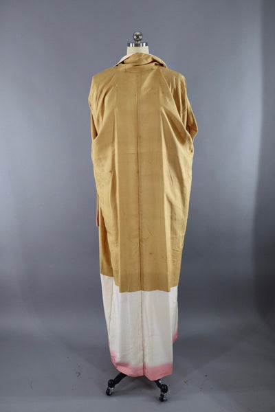 Vintage Silk Kimono Robe / Ivory & Pink Flying Cranes - ThisBlueBird