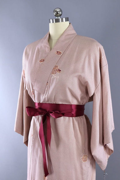 Vintage Silk Kimono Robe / Ivory Plum Honeycomb - ThisBlueBird