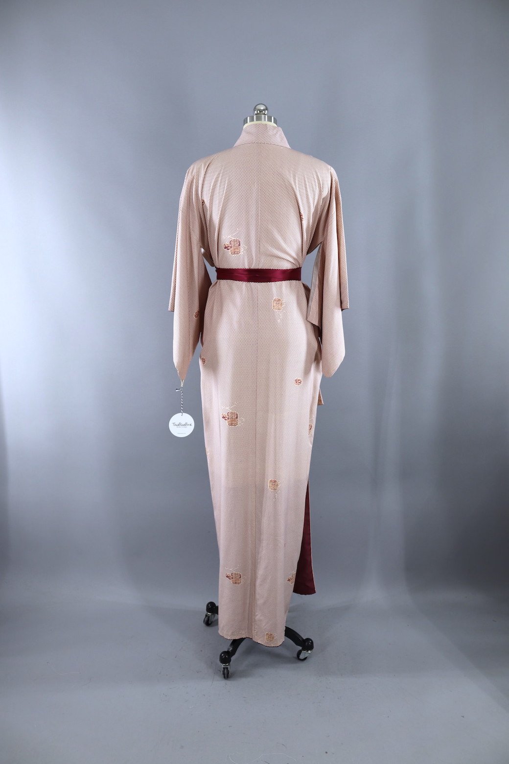 Vintage Silk Kimono Robe / Ivory Plum Honeycomb - ThisBlueBird