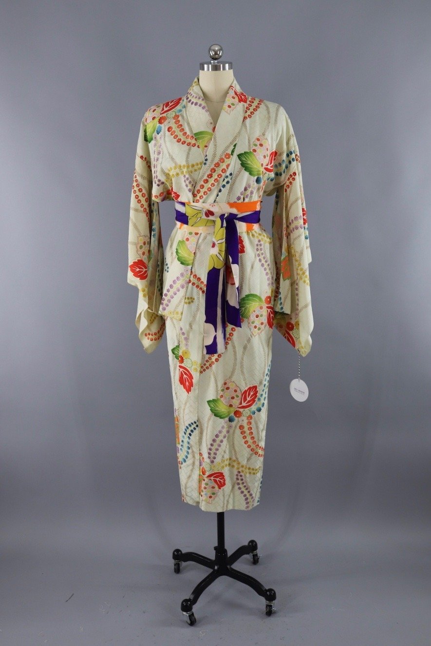 Vintage Silk Kimono Robe / Ivory Rainbow Wisteria Floral - ThisBlueBird