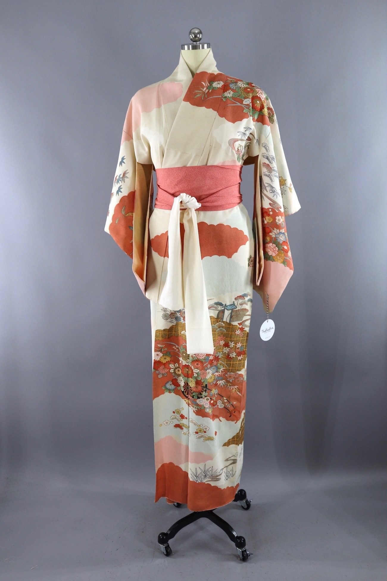 Vintage Silk Kimono Robe / Ivory Terra Cotta Pink Floral - ThisBlueBird