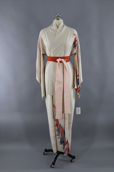 Vintage Silk Kimono Robe - Ivory Trees - ThisBlueBird
