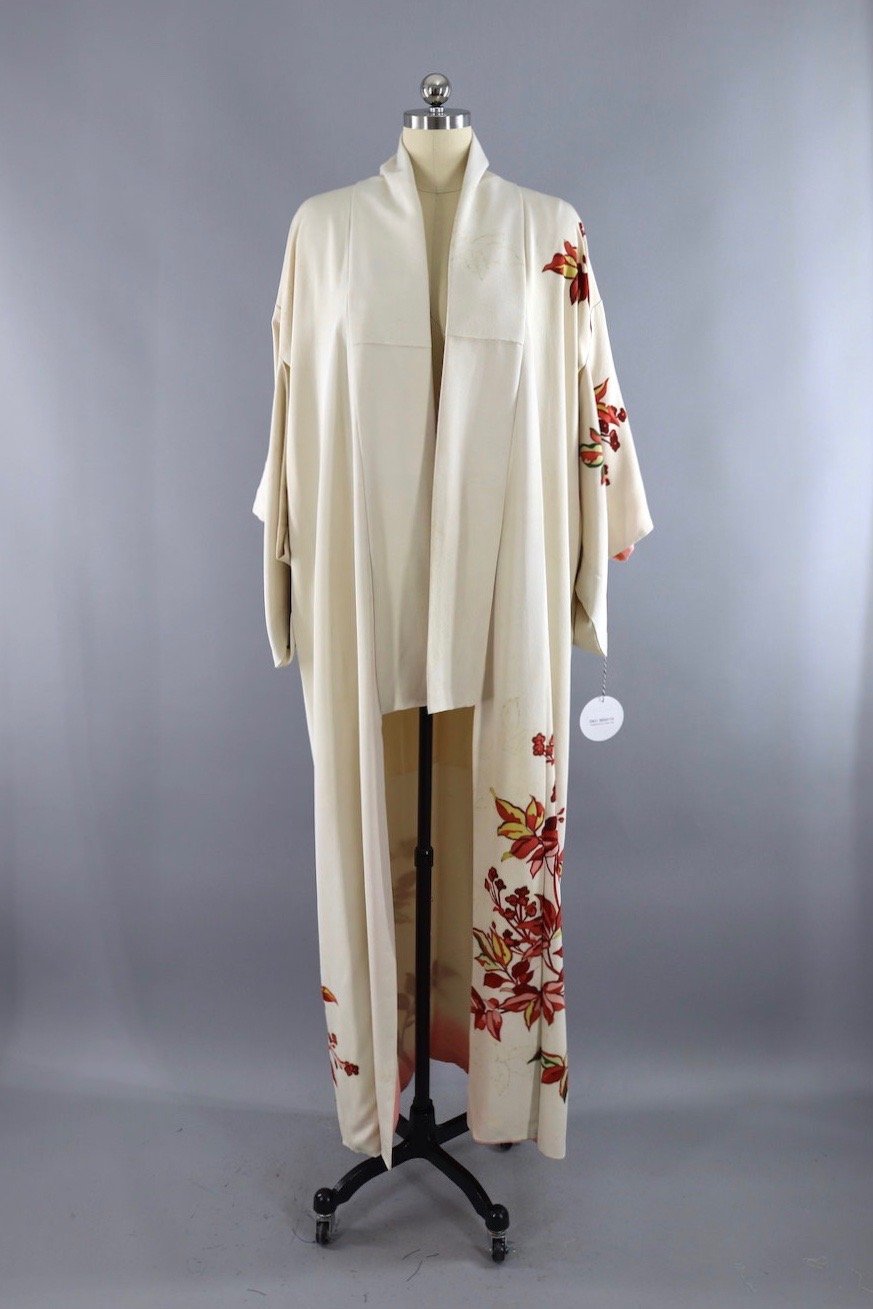 Vintage Silk Kimono Robe / Ivory with Rust Red Floral Print - ThisBlueBird