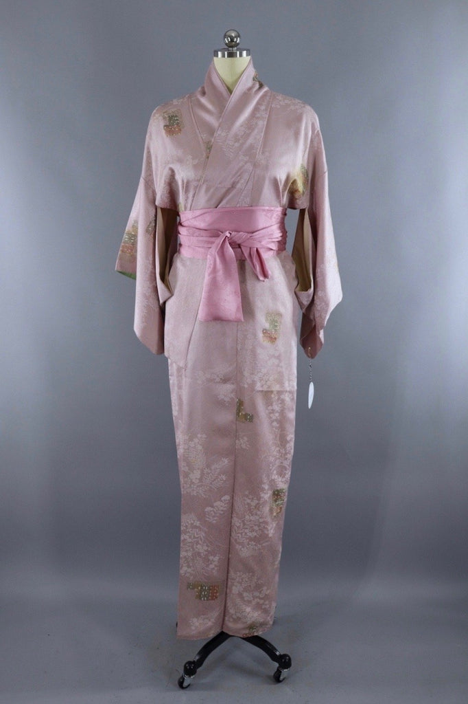 Vintage Silk Kimono Robe / Lavender and Green - ThisBlueBird
