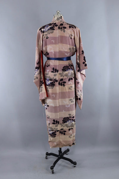 Vintage Silk Kimono Robe / Lavender Blue Floral Stripes - ThisBlueBird