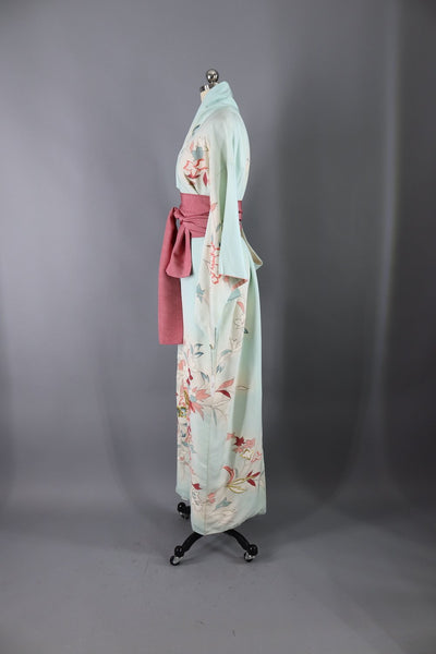 Vintage Silk Kimono Robe / Light Blue and Pink Embroidered Floral Print - ThisBlueBird