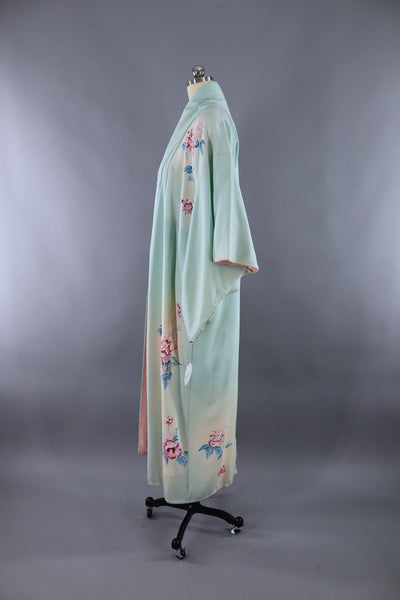 Vintage Silk Kimono Robe / Light Blue & Pink Floral Print / Suitable for Costume - ThisBlueBird