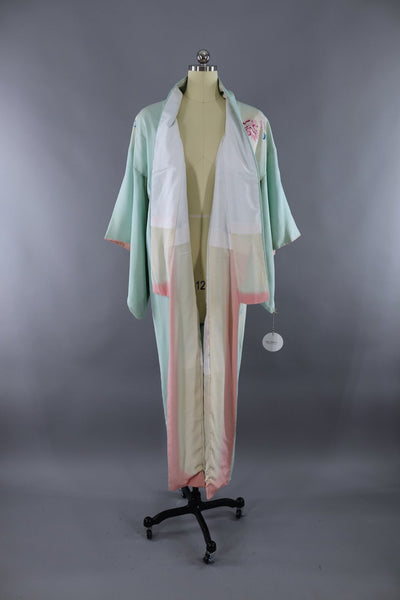 Vintage Silk Kimono Robe / Light Blue & Pink Floral Print / Suitable for Costume - ThisBlueBird