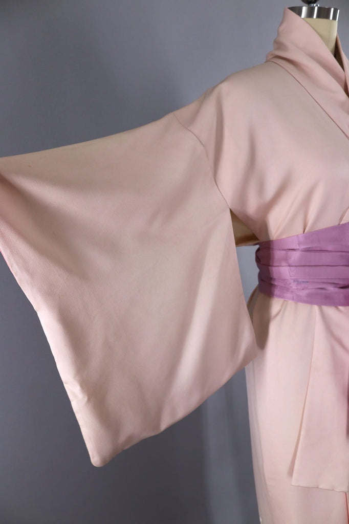 Vintage Silk Kimono Robe / Light Pink Floral Print - ThisBlueBird