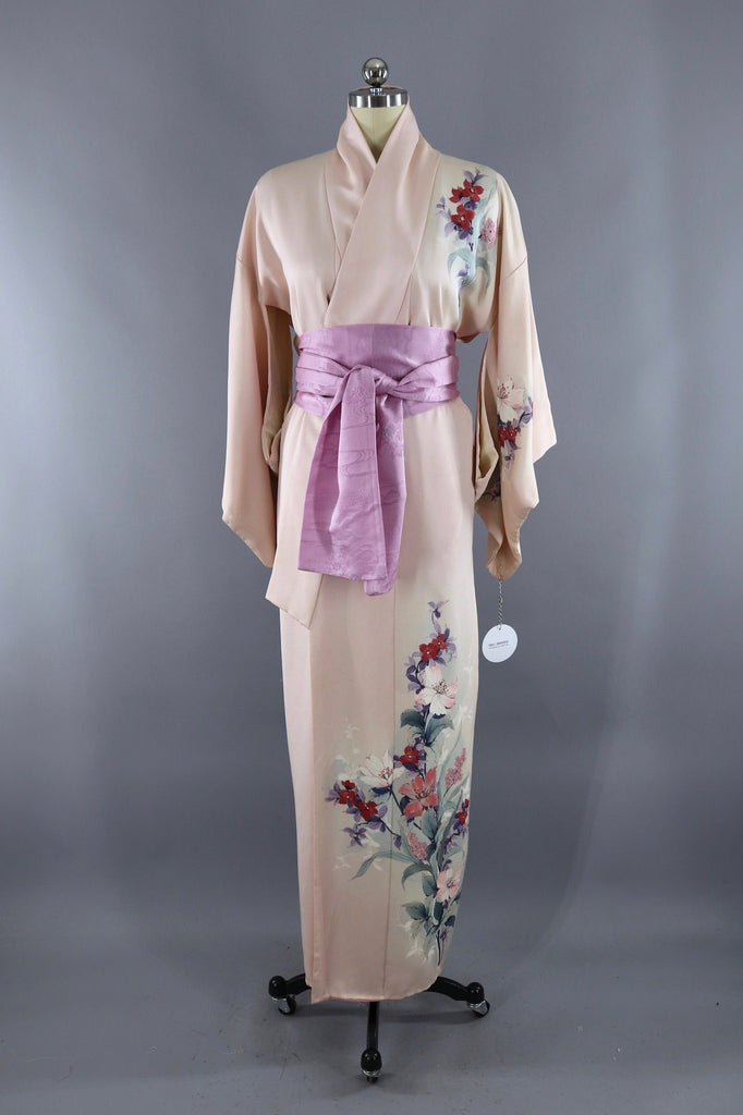 Vintage Silk Kimono Robe / Light Pink Floral Print - ThisBlueBird