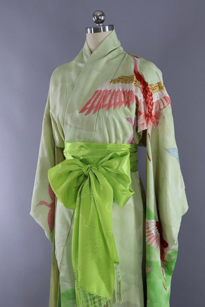 Vintage Silk Kimono Robe / Lime Green Embroidered Flying Cranes-ThisBlueBird - Modern Vintage