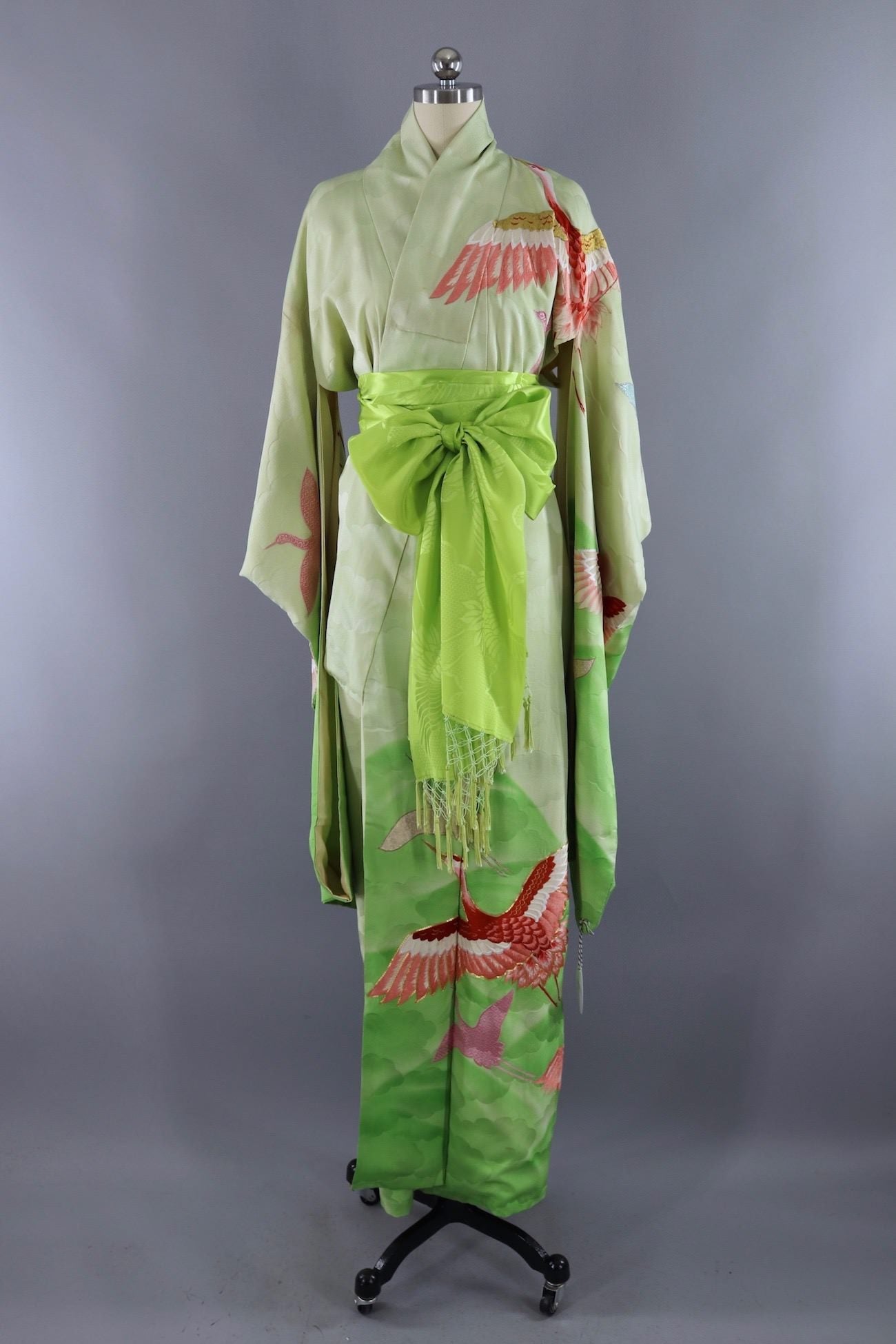 Vintage Silk Kimono Robe / Lime Green Embroidered Flying Cranes-ThisBlueBird - Modern Vintage
