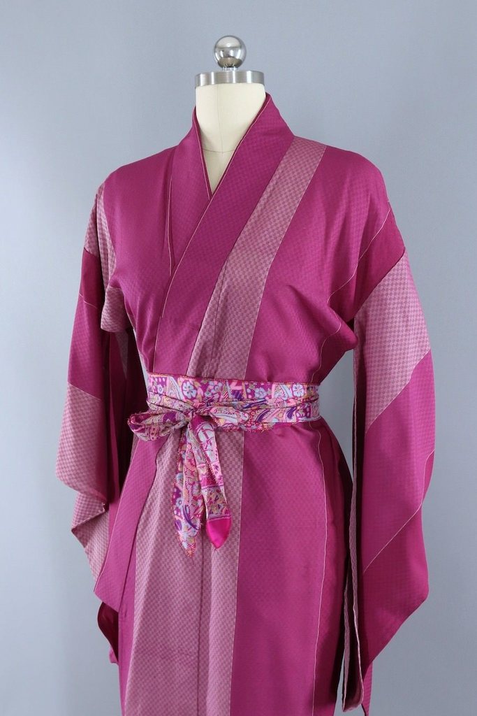 Vintage Silk Kimono Robe / Magenta Georgette Stripes-ThisBlueBird - Modern Vintage