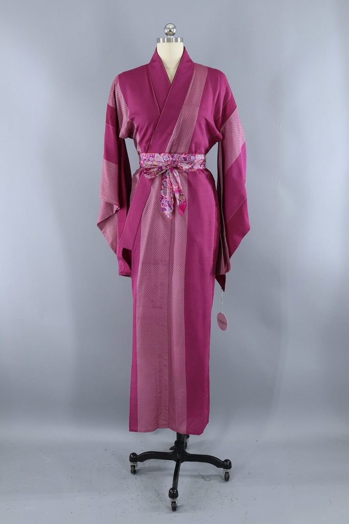 Vintage Silk Kimono Robe / Magenta Georgette Stripes-ThisBlueBird - Modern Vintage