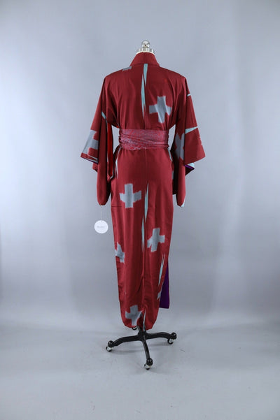 Vintage Silk Kimono Robe / Maroon and Blue Ikat Cross - ThisBlueBird
