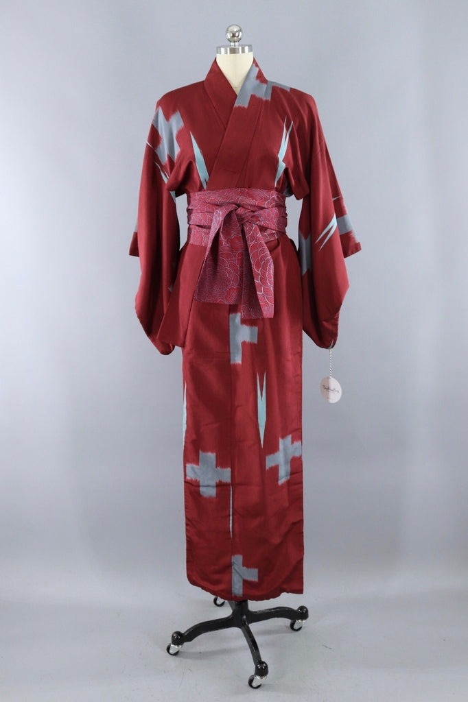 Vintage Silk Kimono Robe / Maroon and Blue Ikat Cross - ThisBlueBird