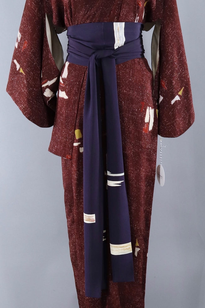 Vintage Silk Kimono Robe / Maroon Brown Abstract - ThisBlueBird