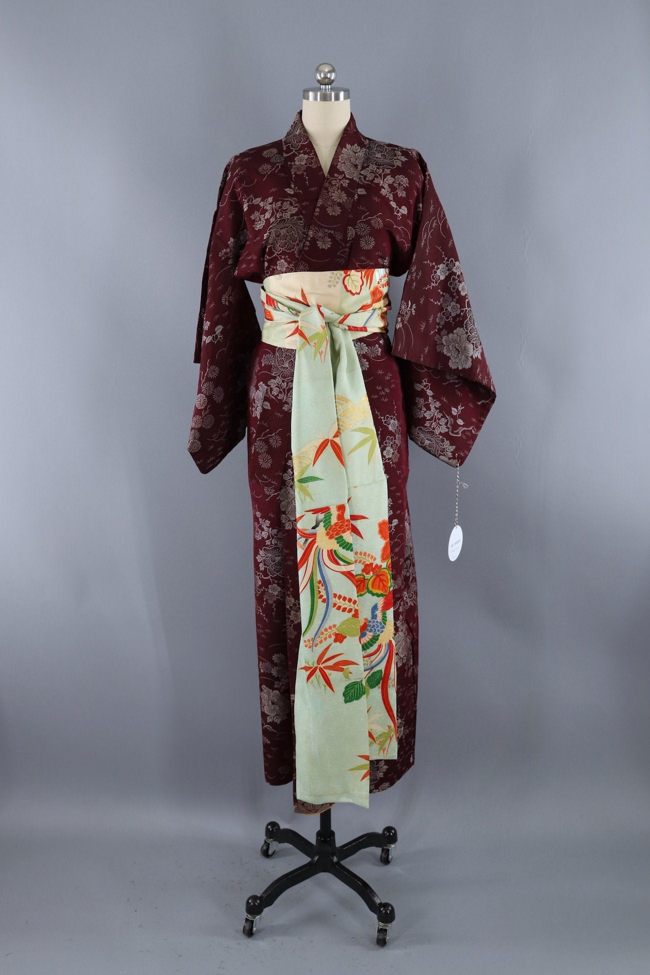 Vintage Silk Kimono Robe / Maroon Purple Omeshi Floral-ThisBlueBird - Modern Vintage