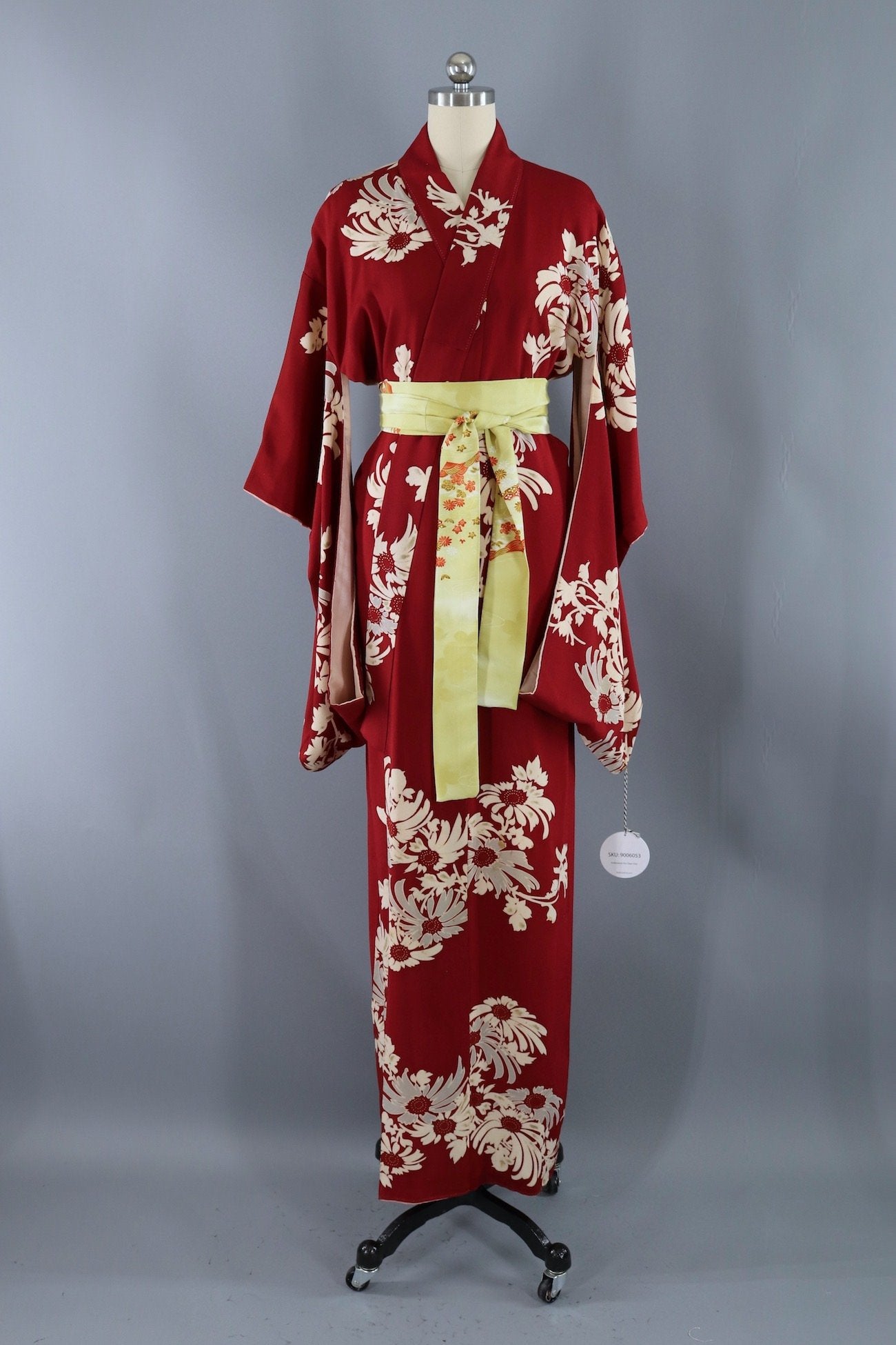 Vintage Silk Kimono Robe / Maroon Red Ivory Floral-ThisBlueBird - Modern Vintage