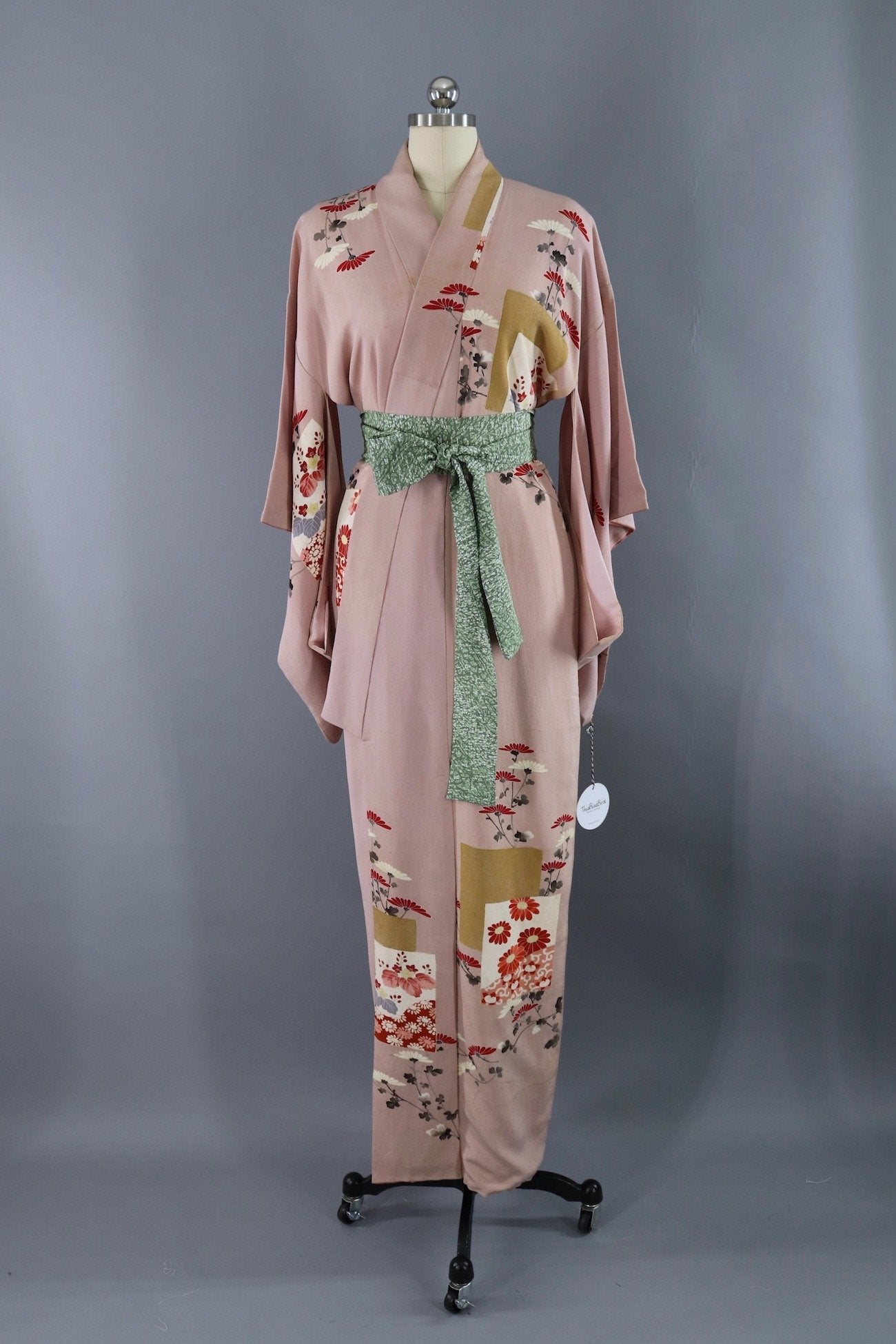 Vintage Silk Kimono Robe / Mauve Pink and Gold Floral-ThisBlueBird - Modern Vintage