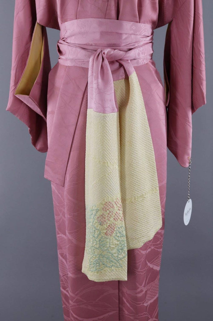 Vintage Silk Kimono Robe / Mauve Pink Fans - ThisBlueBird