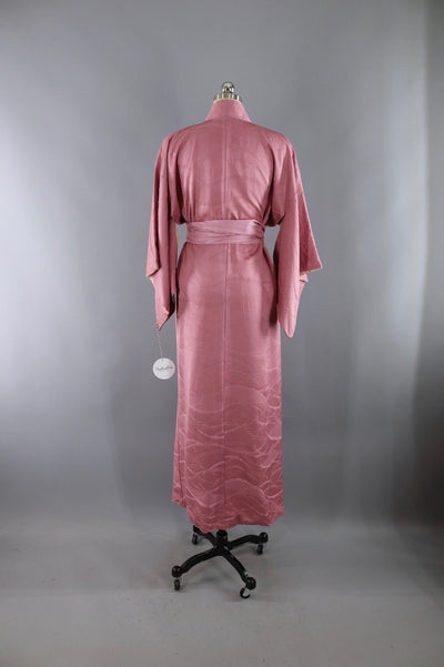 Vintage Silk Kimono Robe / Mauve Pink Fans - ThisBlueBird