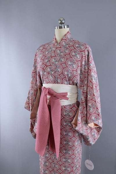 Vintage Silk Kimono Robe / Mauve Pink Roosters - ThisBlueBird