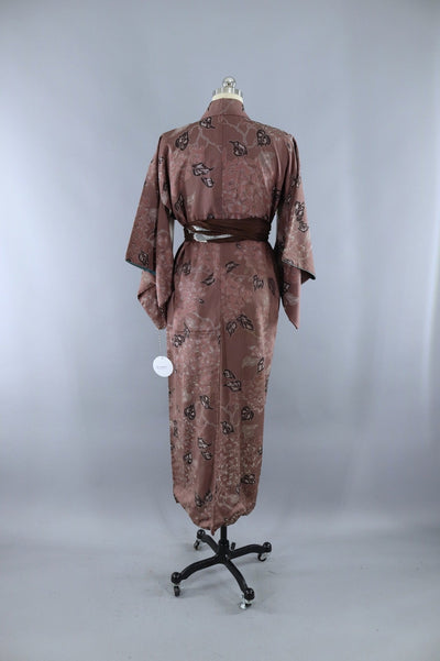 Vintage Silk Kimono Robe / Mocha Brown Floral - ThisBlueBird
