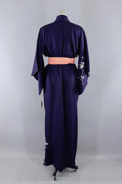 Vintage Silk Kimono Robe / Navy Blue Embroidered Floral-ThisBlueBird - Modern Vintage