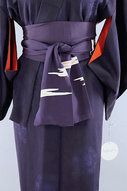 Vintage Silk Kimono Robe / Navy Blue Floral Medallions - ThisBlueBird