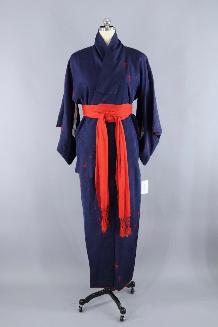 Vintage Silk Kimono Robe / Navy Blue Red Ikat - ThisBlueBird