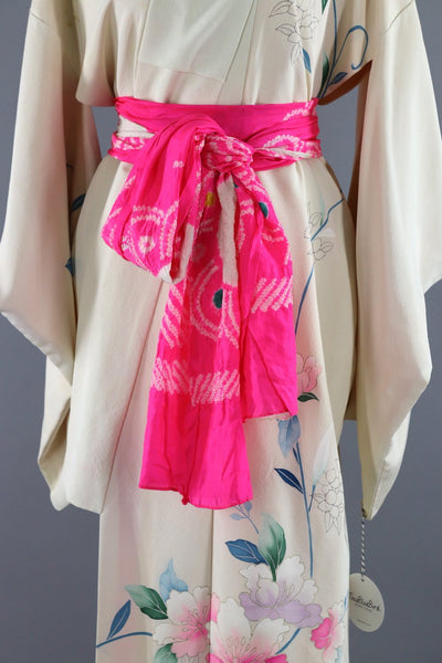 Vintage Silk Kimono Robe / Neon Pink Floral Print - ThisBlueBird