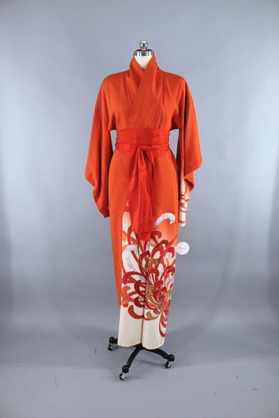 Vintage Silk Kimono Robe / Orange & Gold Chrysanthemum Floral - ThisBlueBird