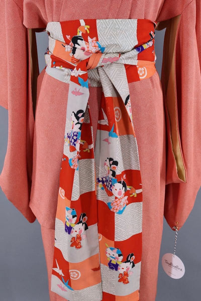 Vintage Silk Kimono Robe / Orange Micro Dots - ThisBlueBird