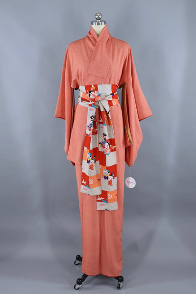 Vintage Silk Kimono Robe / Orange Micro Dots - ThisBlueBird